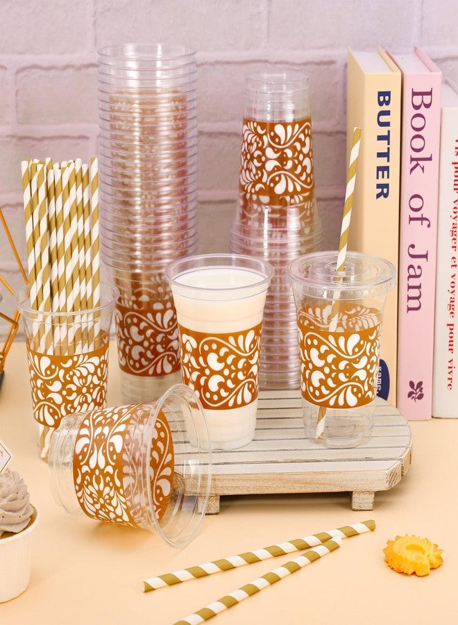 JarThenaAMCS مجموعة جارثينا إيه إم سي إس المكونة من 50 قطعة من أكواب سيليتو ليندو البلاستيكية للاستخدام مرة واحدة مع أغطية وماصات، أكواب طينية مزينة بزهرة تيراكوتا للمشروبات الباردة، مثالية لحفلات الزفاف المكسيكية على طراز تالافيرا. - Image 4